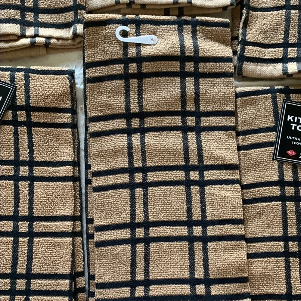 NWT All 12 - Large Cotton 16in x 26in Plaid Tan and Black KITCHEN Towels Set - Picture 3 of 9